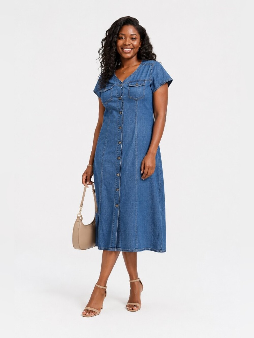 Button-Front Denim Jean 90's A-Line Classic V-Neck Chic Dress Y2k Small